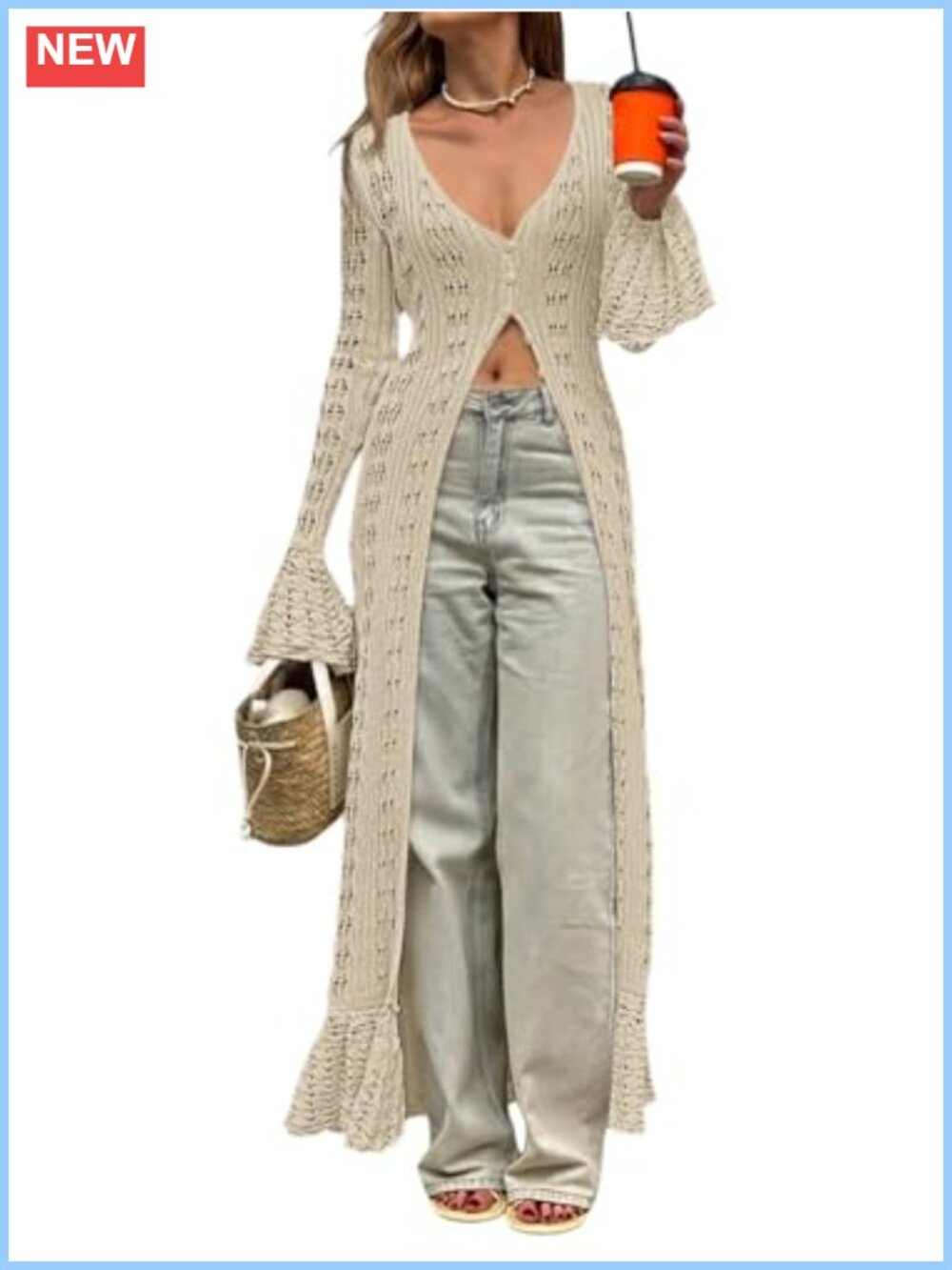 Womens Crochet Long Cardigan Boho Maxi Lace Duster Coat Bell Sleeve
